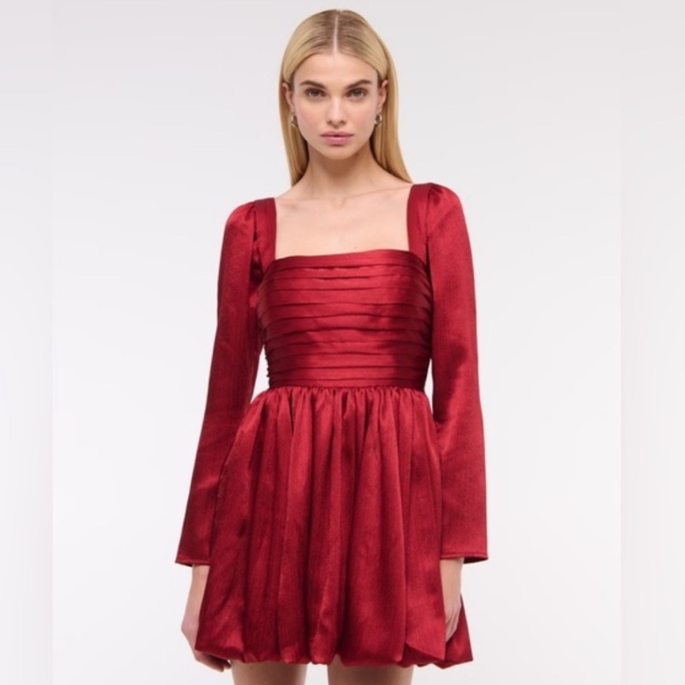 New! Abercrombie and Fitch Emerson Drop-Waist Satin Dress Bubble Hem Red Sz SP